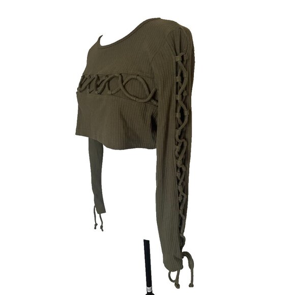 NWT MISSGUIDED Top Size 10 Khaki Green Ribbed Knit Crop Top Cross Lace Detail - Picture 5 of 8